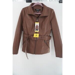 Kenneth Cole Women's Sz S Faux Leather Belted Moto Jacket Cognac Brown Biker NWT